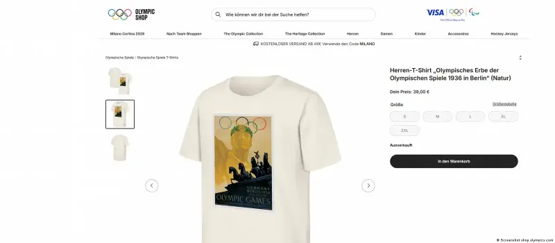 Футболка с символом Олимпиады 1936 года продается в онлайн-магазине Олимпийских игр